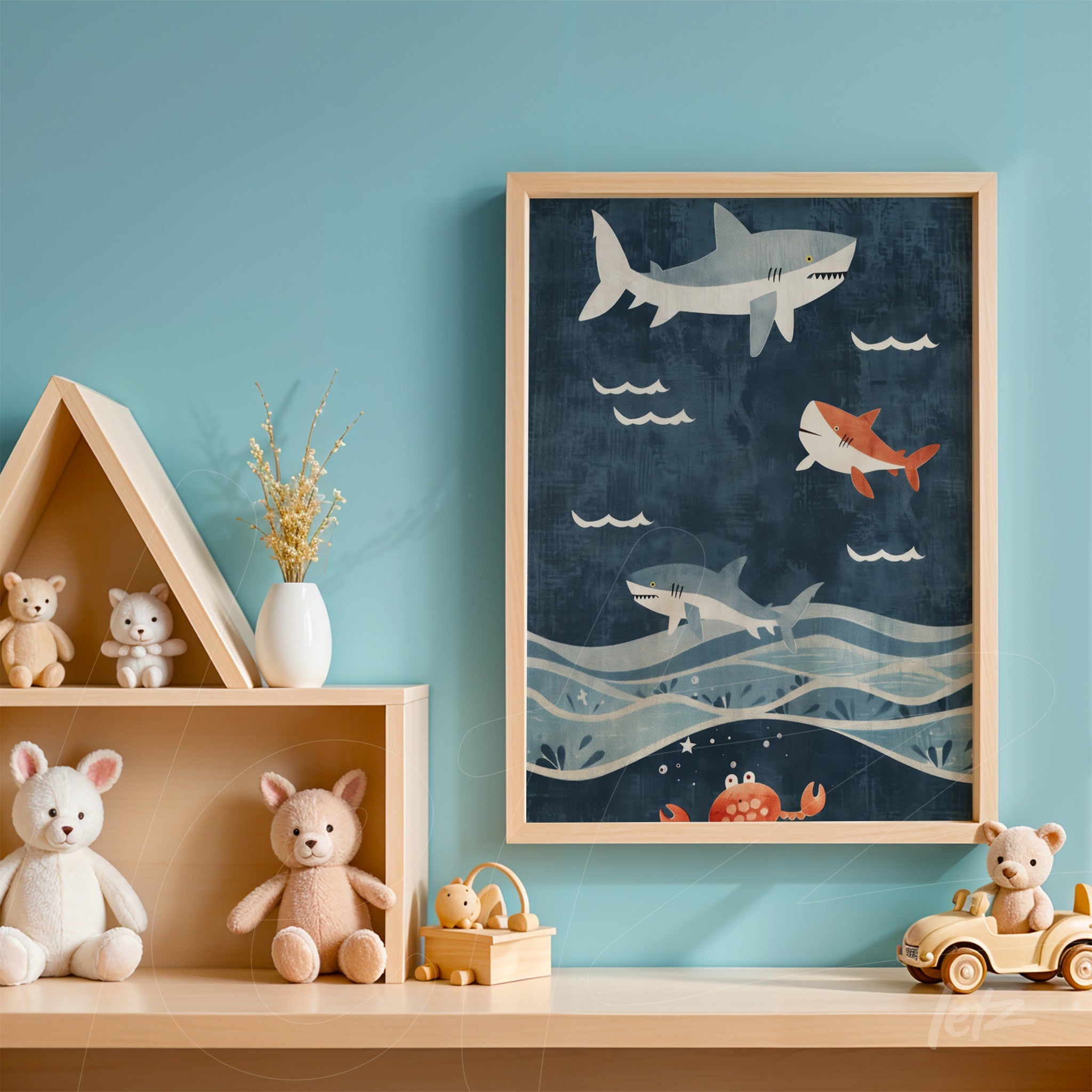 children's wall art featuring swimming sharks on a dark blue background with light wooden frame