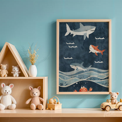 children's wall art featuring swimming sharks on a dark blue background with light wooden frame