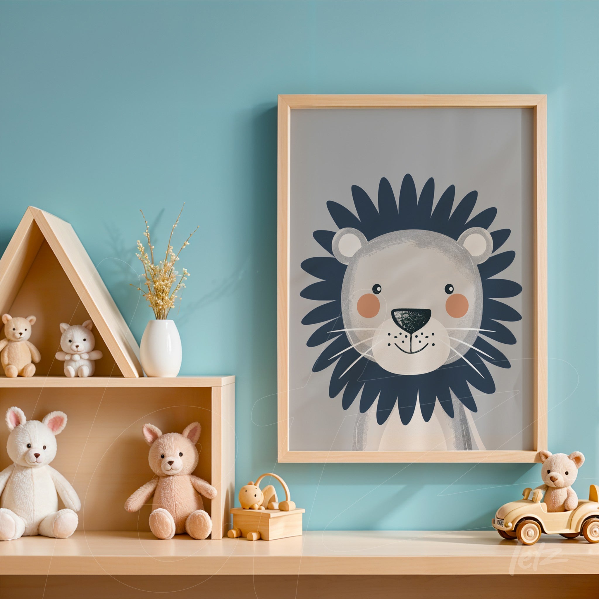 framed illustration of a stylized lion with a light wood frame on a blue wall
