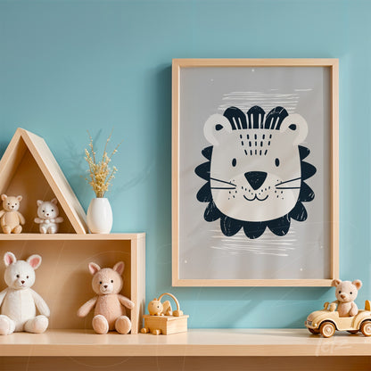 framed art of a stylized lion illustration in light wood frame displayed on blue wall next to plush toys