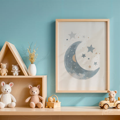 framed wall art featuring a moon and stars illustration in light wood frame displayed against a blue wall