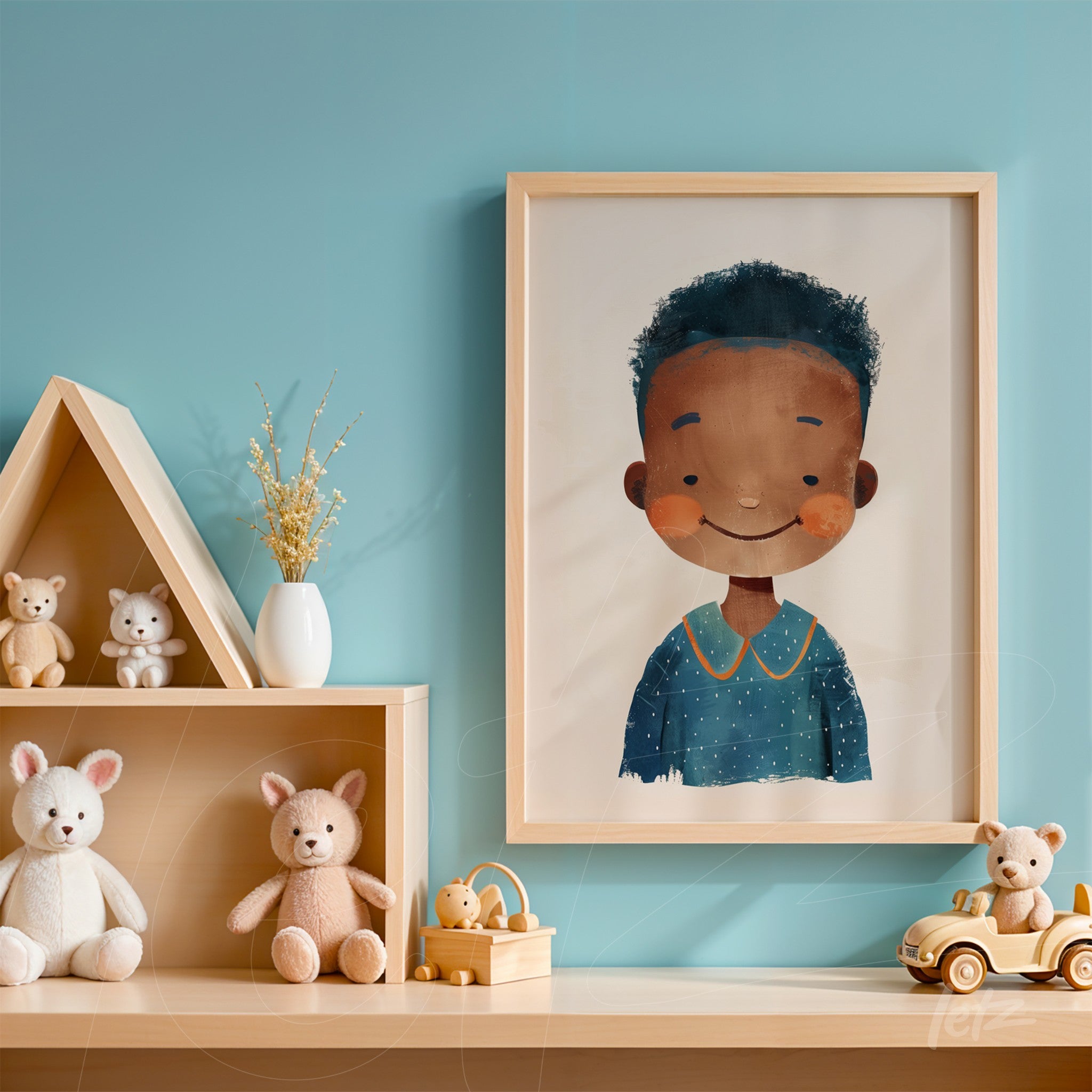 framed artwork featuring a smiling boy illustration with light frame, decorating a space with wooden shelves and toys