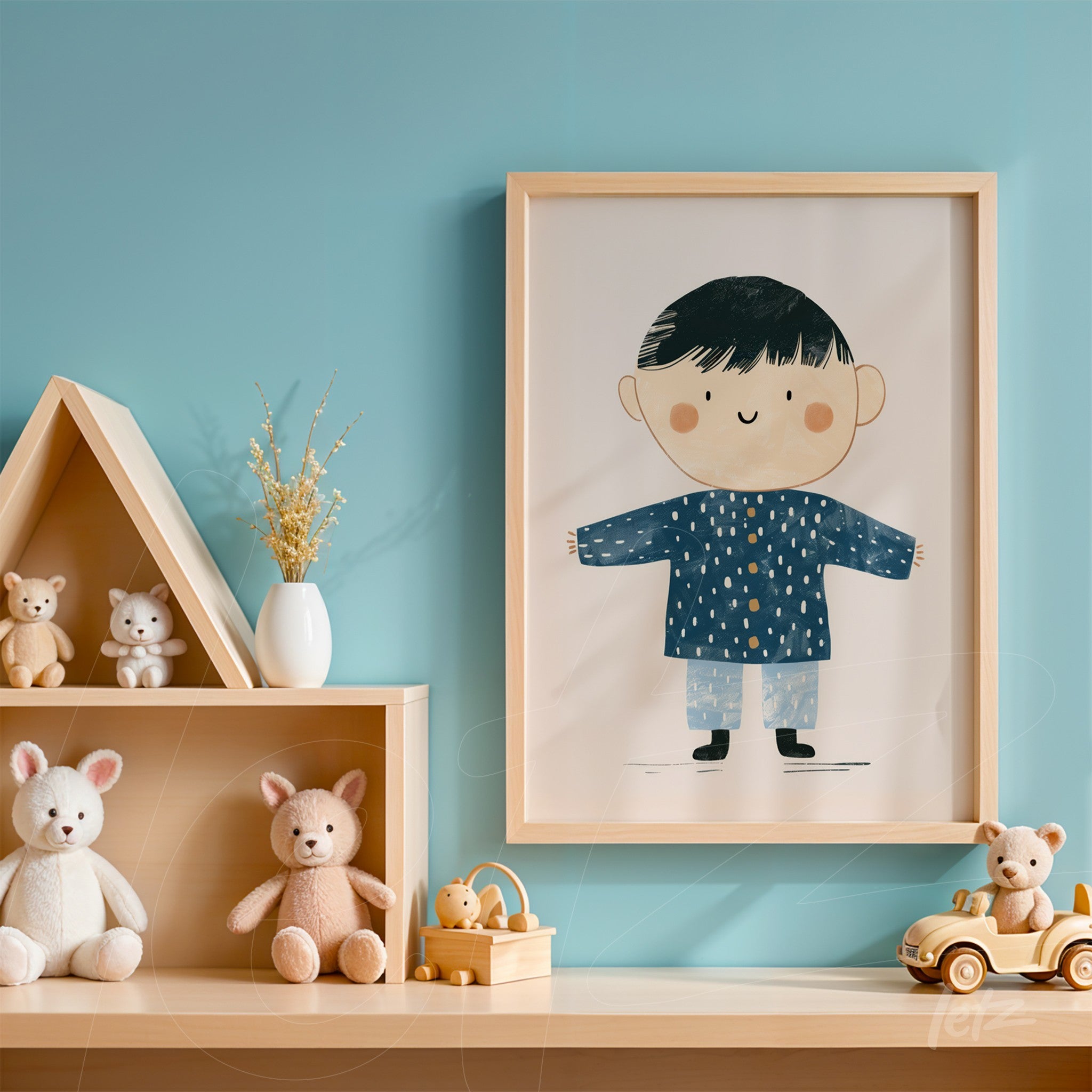 framed children's art featuring a smiling boy illustration with a light frame on a blue wall