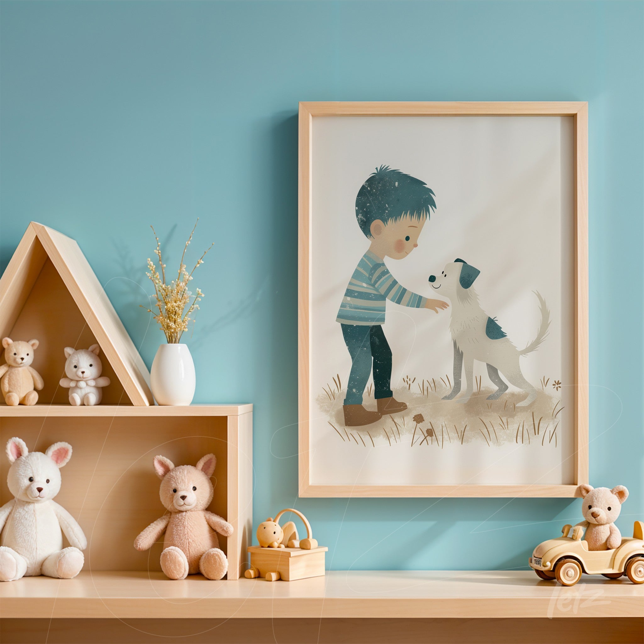 framed children's illustration of a boy interacting with a dog against a light blue wall
