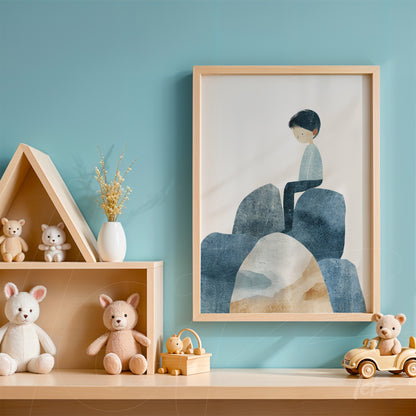 framed children's art of a boy sitting on rocks in light frame displayed on a blue wall