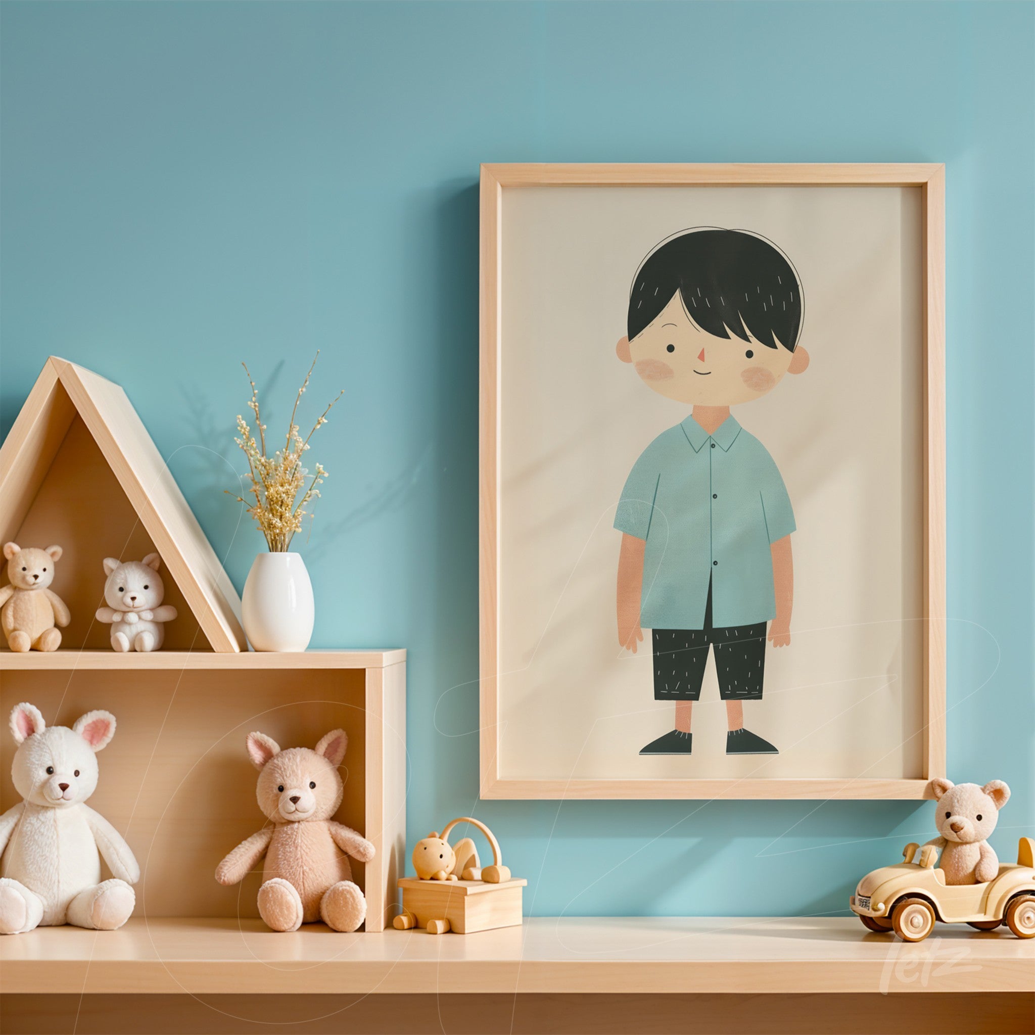 framed wall art of a boy in a blue shirt and dark pants displayed in a children's room with wooden shelves and toys