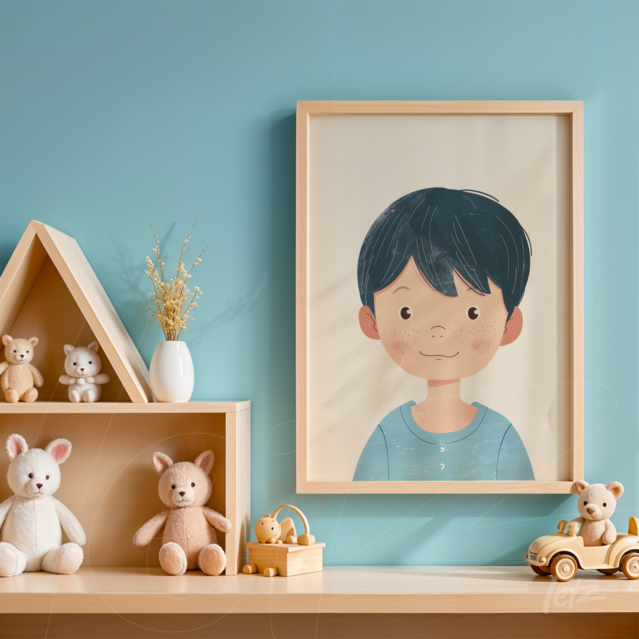 framed wall art featuring a cheerful boy illustration with dark hair on aquatic background displayed against blue wall with children's decor