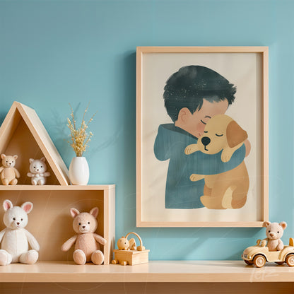 framed artwork of a boy hugging a dog, displayed against a blue wall