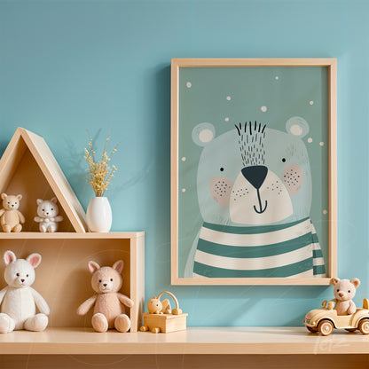 framed artwork featuring a stylized bear in stripes with light wood frame, displayed against a blue wall