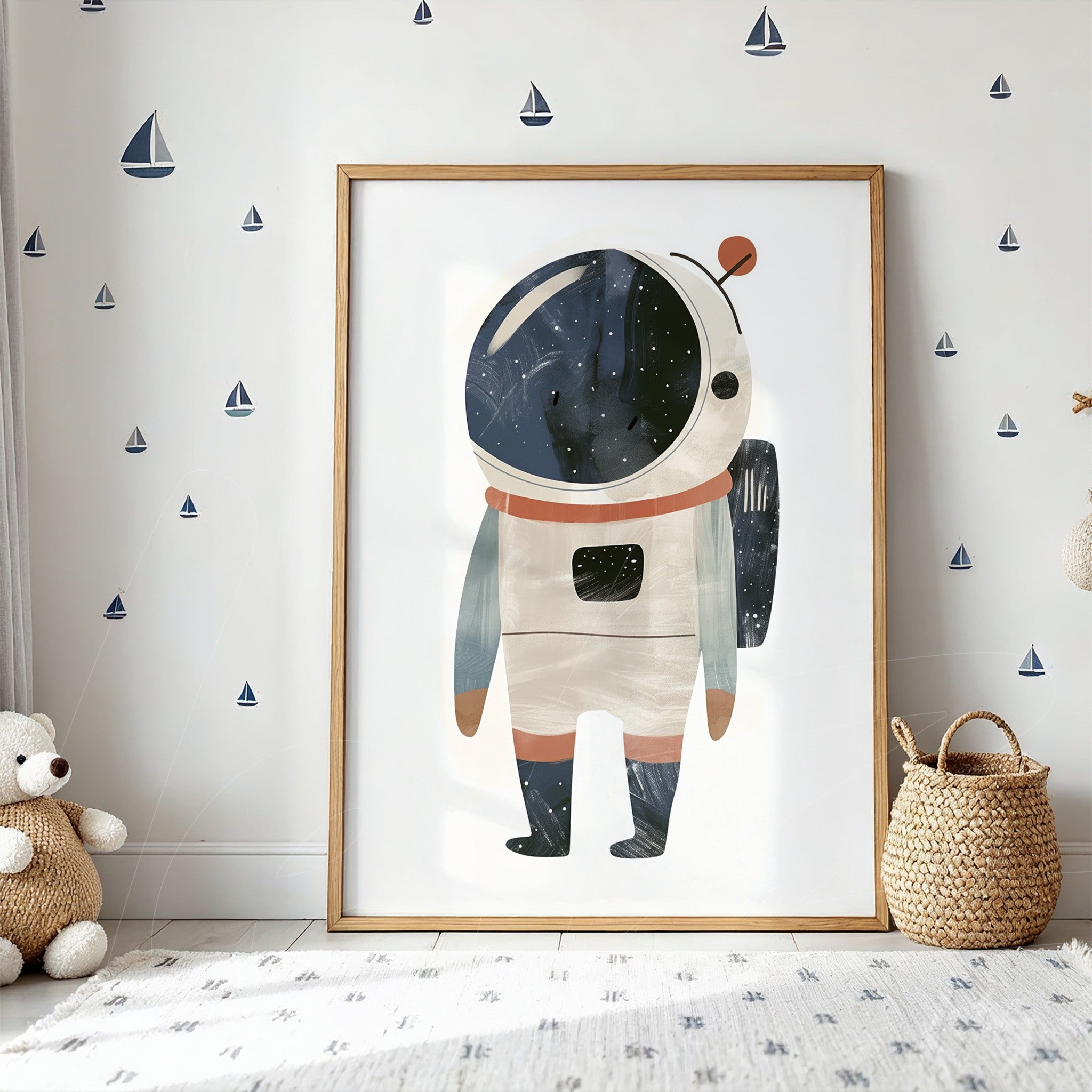 framed art featuring a whimsical astronaut illustration in a light wood frame displayed on a wall adorned with small sailboat decals