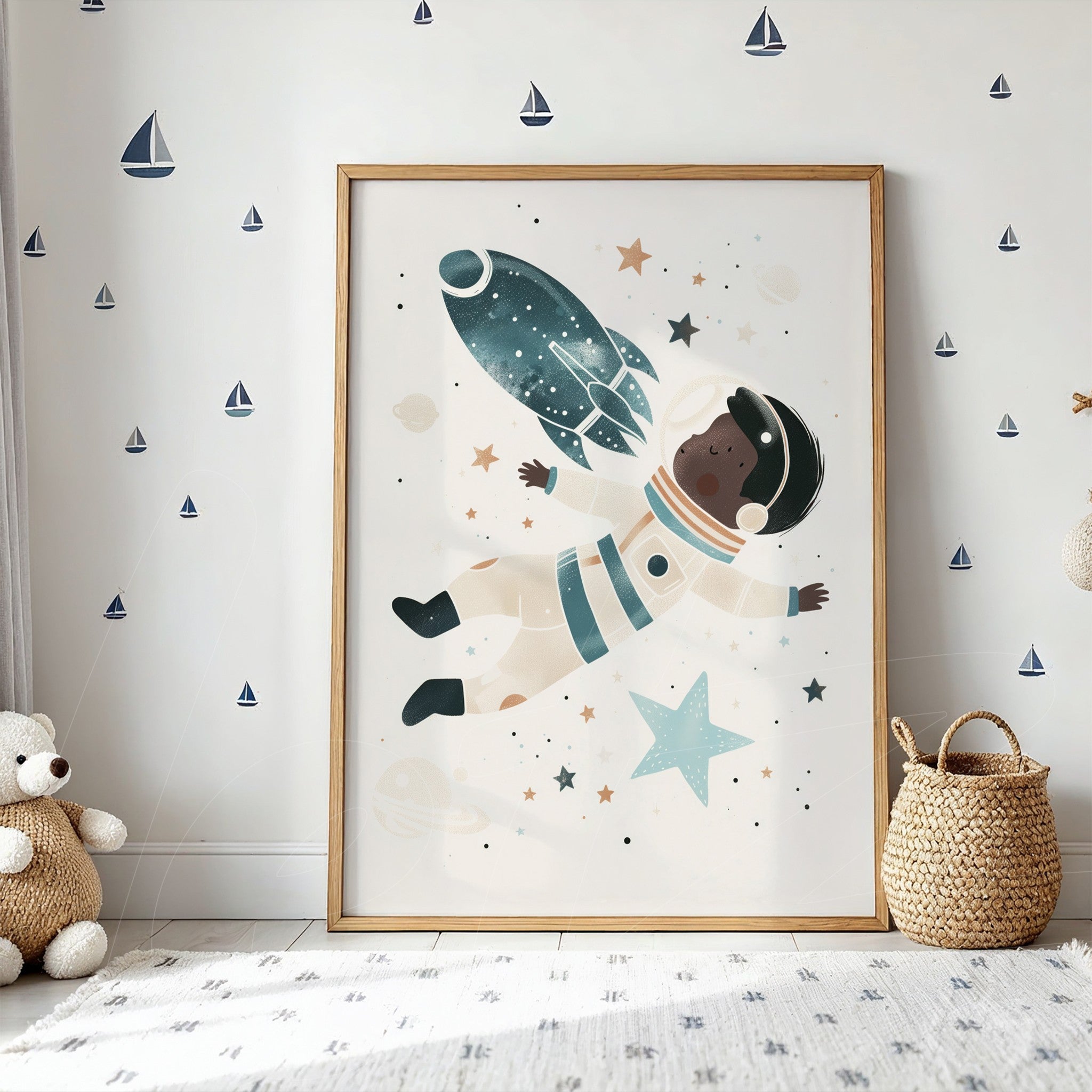 framed wall art featuring a playful illustration of a child astronaut floating among stars with a light wood frame
