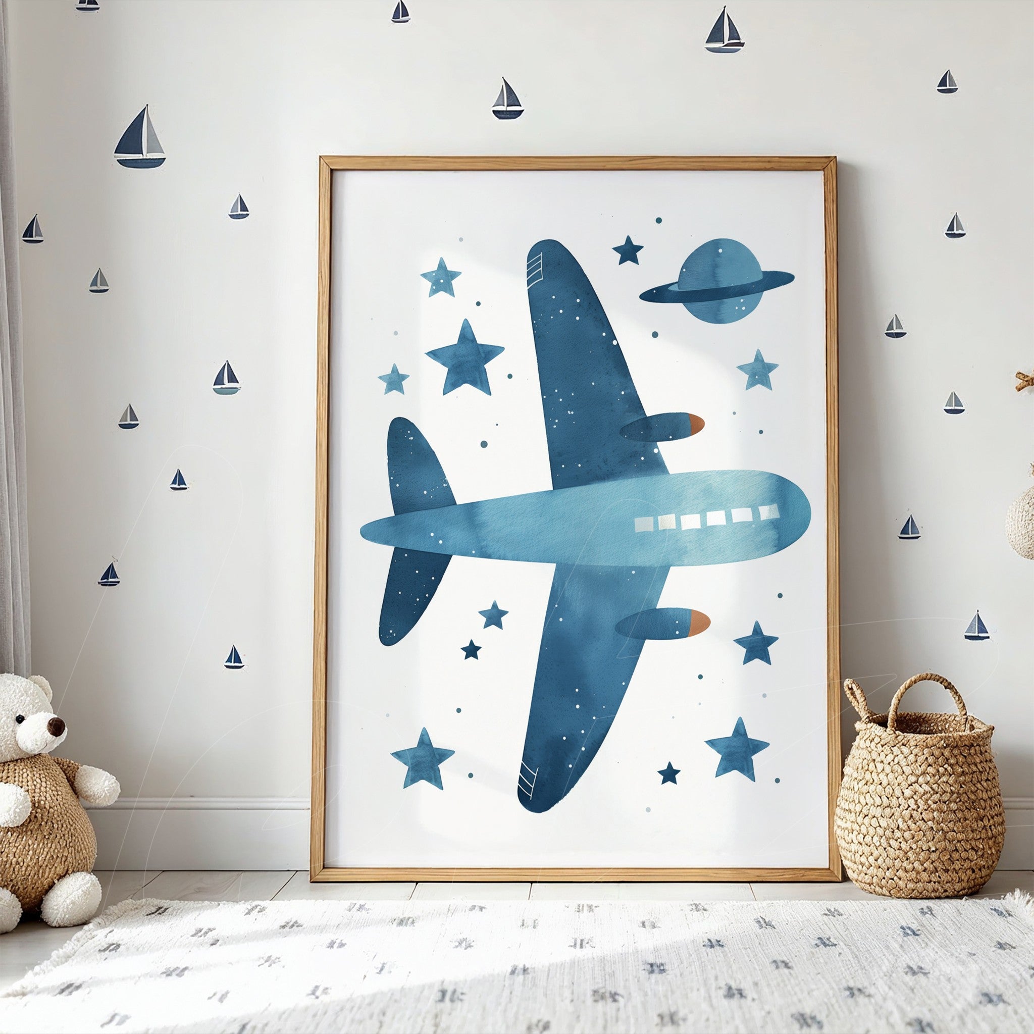 framed artwork featuring a blue airplane in a starry sky with a planet, decorated with stars and boats on a white background