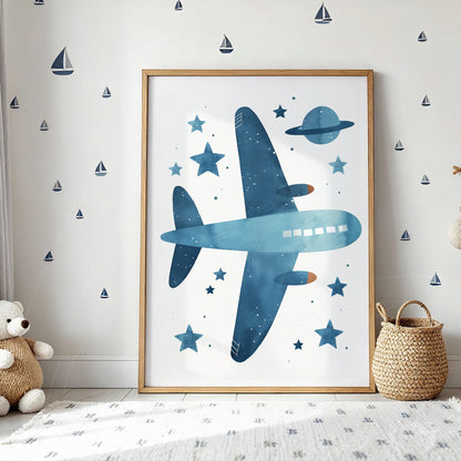 framed artwork featuring a blue airplane in a starry sky with a planet, decorated with stars and boats on a white background