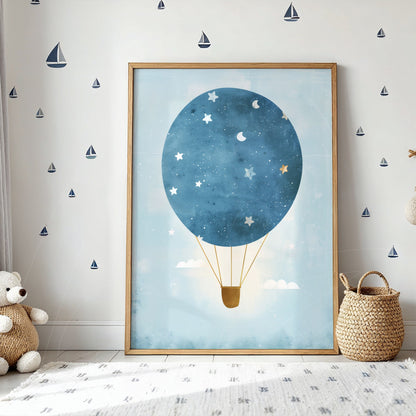 framed artwork featuring a hot air balloon in shades of blue and stars, light wood frame displayed on a light wall