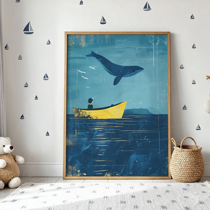 framed artwork featuring a whale jumping over a yellow boat against a deep blue background with waves
