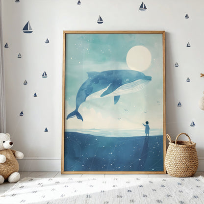 framed wall art featuring a whale jumping under the moonlight against a blue background, displayed on a light wall with sailboat wall stickers