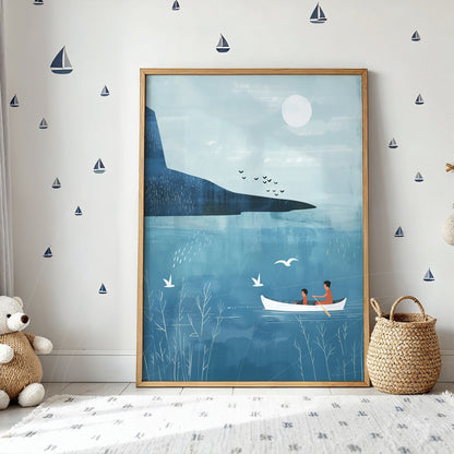 framed artwork depicting a serene lake scene with a boat and two people rowing under a sunny sky with birds flying