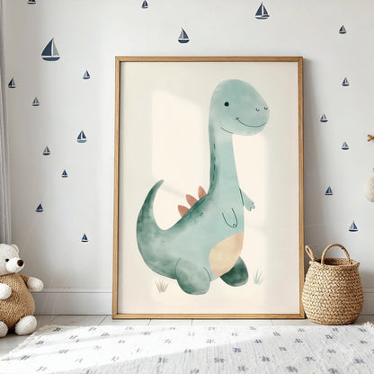 framed artwork featuring a friendly dinosaur in a light-colored room with nautical themed decor
