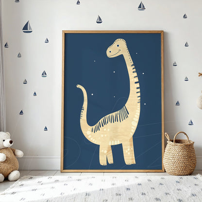 framed artwork of a dinosaur on a navy blue background, light wood frame displayed on a wall decorated with small boats