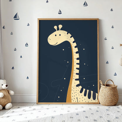 framed artwork featuring a giraffe illustration against a dark blue background with a light wood frame