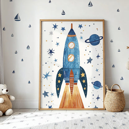colorful children's wall art featuring a blue rocket surrounded by stars and planets with a light wood frame