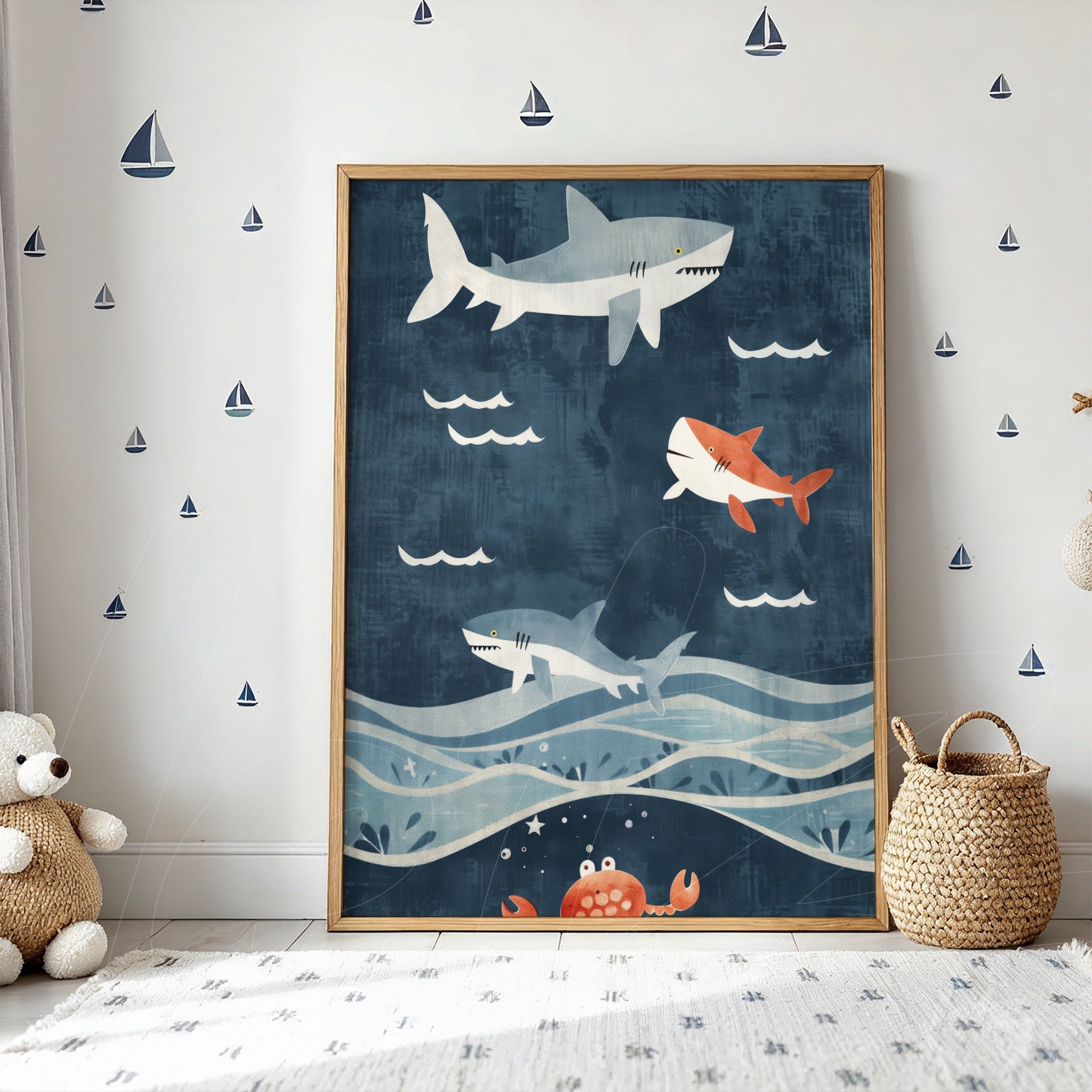 framed fun artwork featuring swimming sharks in a blue sea with soft textures, light wooden frame set against a playful children's decor