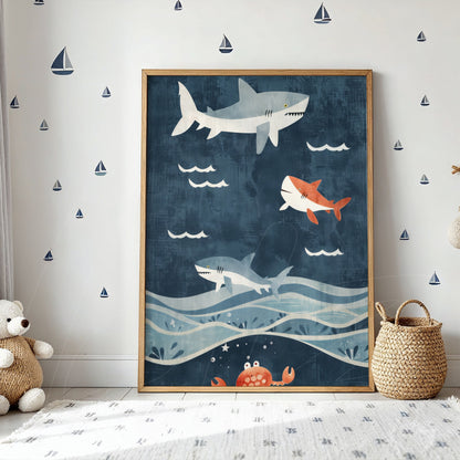framed fun artwork featuring swimming sharks in a blue sea with soft textures, light wooden frame set against a playful children's decor