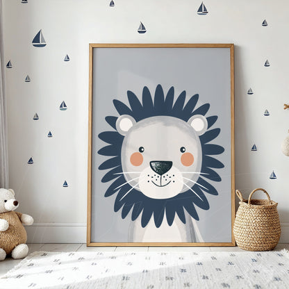 framed artwork of a stylized lion illustration on gray background with light wooden frame