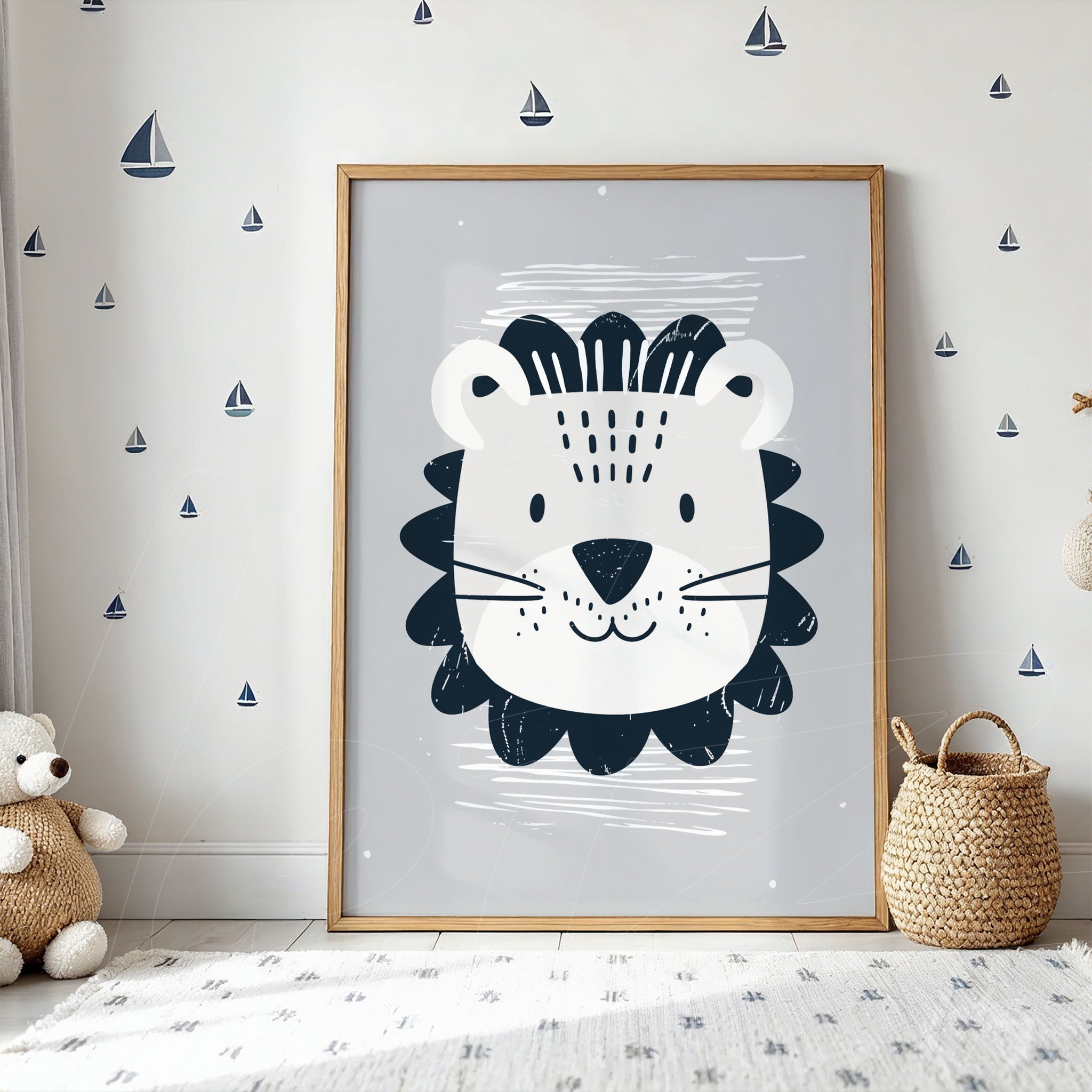 framed children's art of a lion in light wood frame with gray background and nautical details on the wall