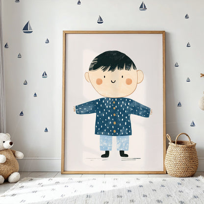 framed artwork featuring a smiling boy wearing a blue polka dot coat and light pants, displayed in a light wood frame, set in a room decorated with boat stickers