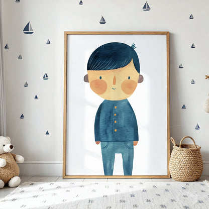 framed artwork of a boy in blue outfit and dark hair, displayed in a room with walls decorated with small paper boats