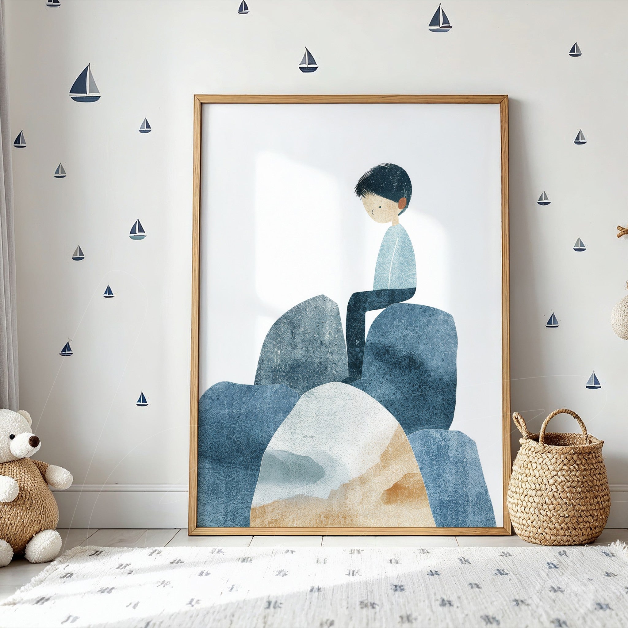framed artwork featuring a boy sitting on rocks with a soft blue color palette and gentle details