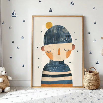 framed illustration of a human figure wearing a beanie and striped sweater in light wood frame