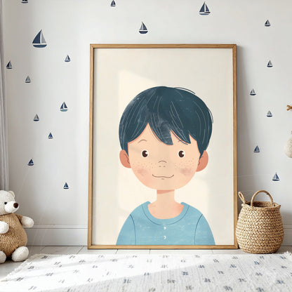 framed artwork depicting a smiling boy with dark blue hair in a light wood frame, displayed in a room with white walls and boat stickers