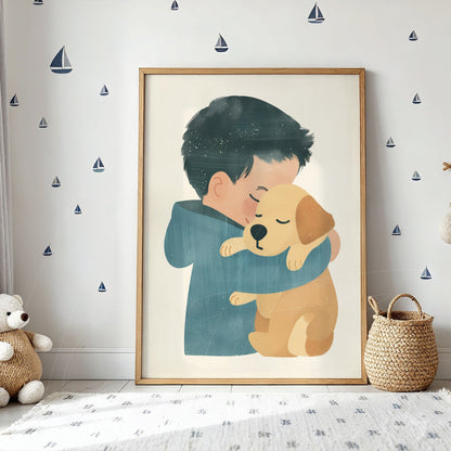 framed illustration of a child hugging a labrador dog with light wood frame against a white wall