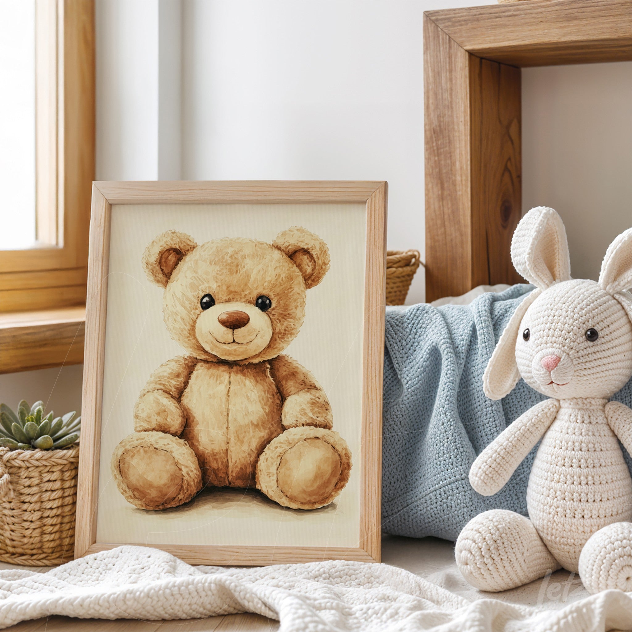 children's framed art featuring a teddy bear illustration in a light wood frame, set in a cozy space with a crochet bunny