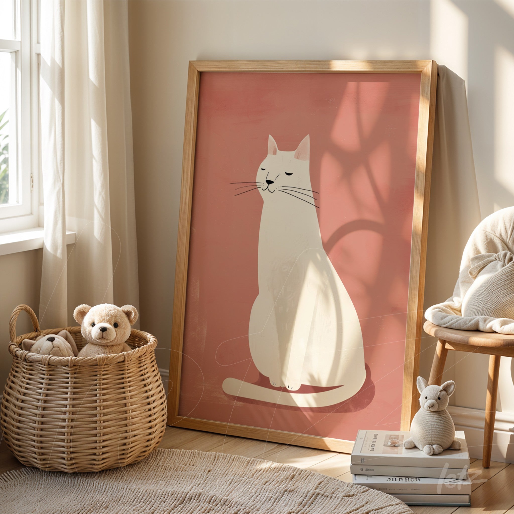 framed wall art featuring a minimalist illustration of a white cat on a pink background with a light wooden frame, leaning against a shelf alongside neutral decor