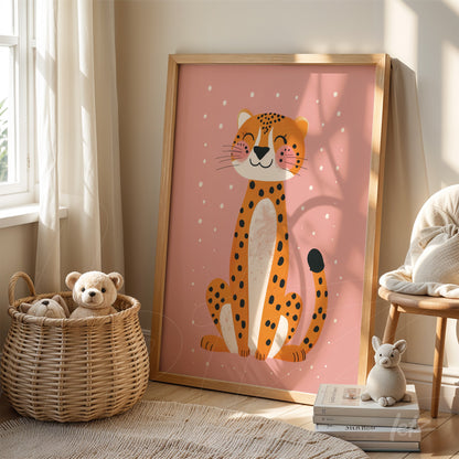 framed artwork of a stylized leopard illustration with light wooden frame against a soft pink background