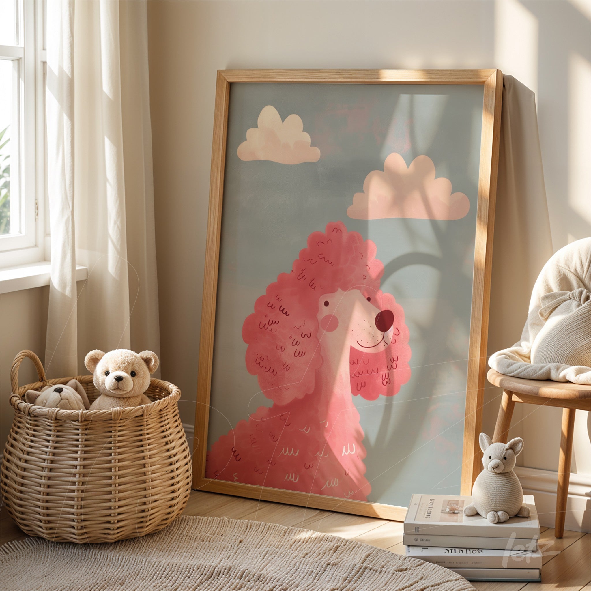 framed artwork featuring a playful pink poodle against a light blue background, displayed next to a wicker basket