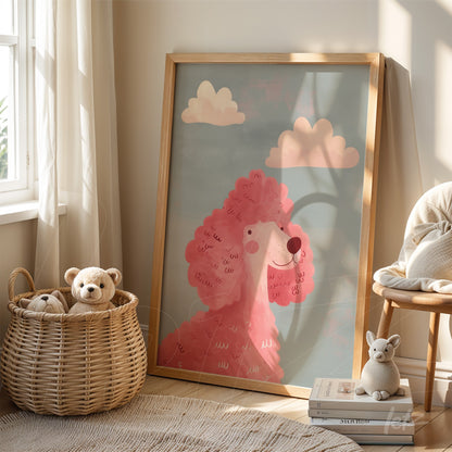 framed artwork featuring a playful pink poodle against a light blue background, displayed next to a wicker basket