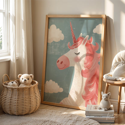 framed artwork of a unicorn with pink mane displayed on a shelf alongside stuffed animals