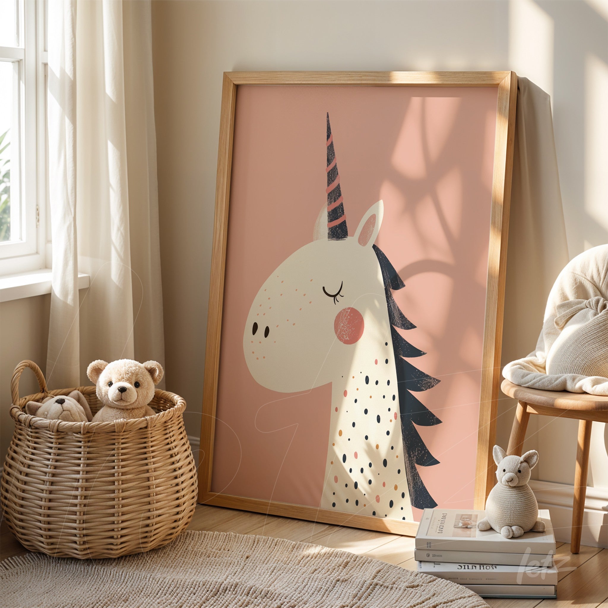 framed art of a childlike unicorn illustration with a pink background and light wood frame