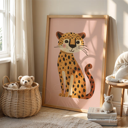 framed artwork of a spotted house cat on a pink background with a light wood frame