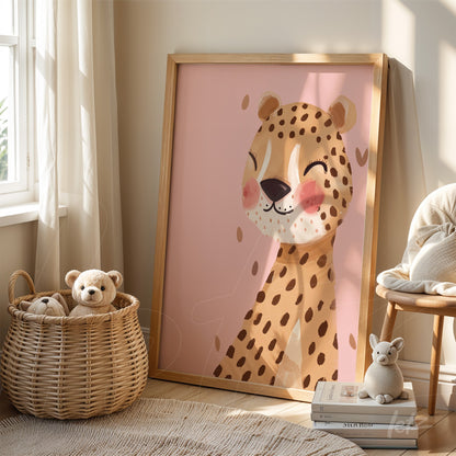 framed artwork featuring a smiling jaguar illustration on a pink background with light wooden frame