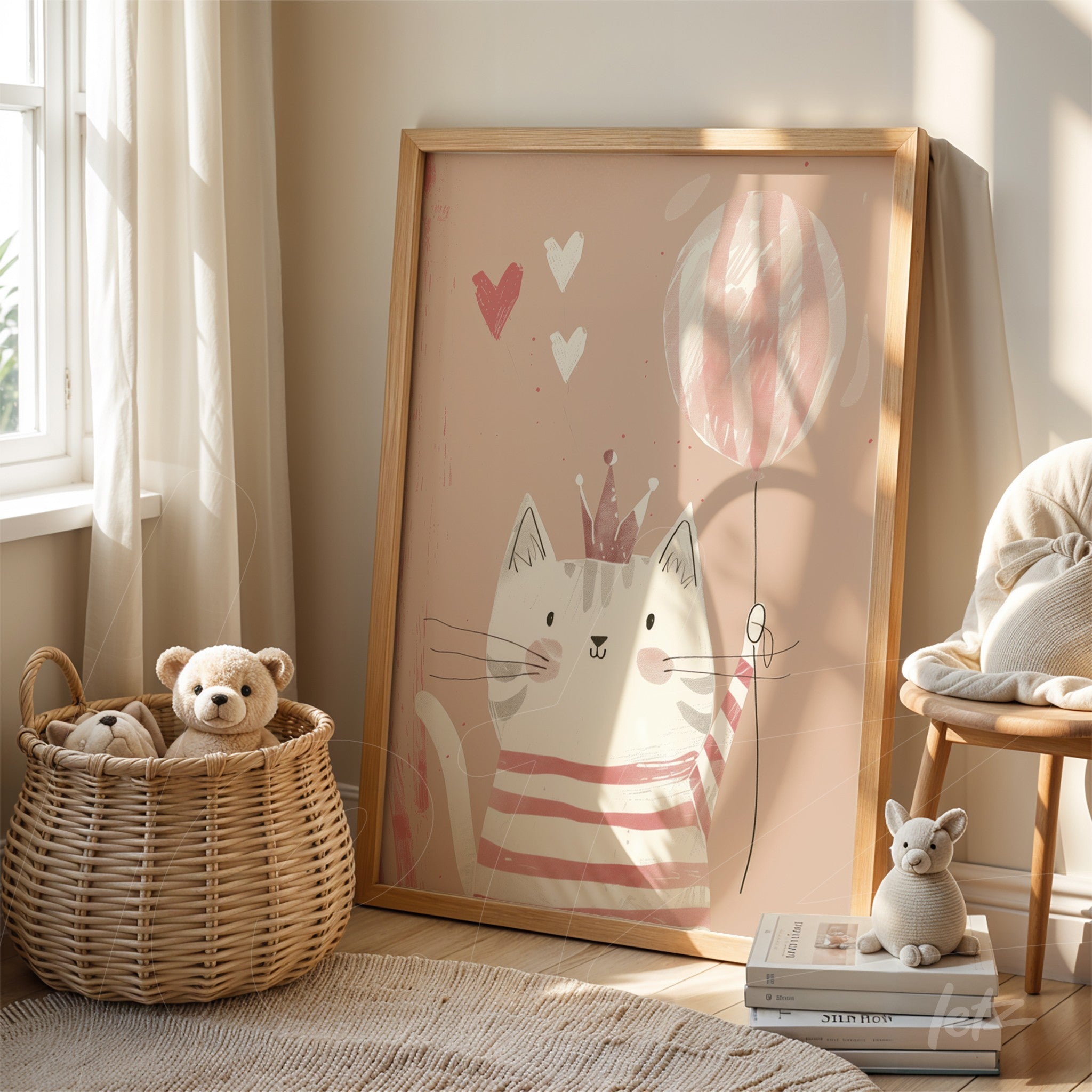 framed artwork featuring a cute cat holding a striped balloon in a light wood frame displayed in a cozy setting