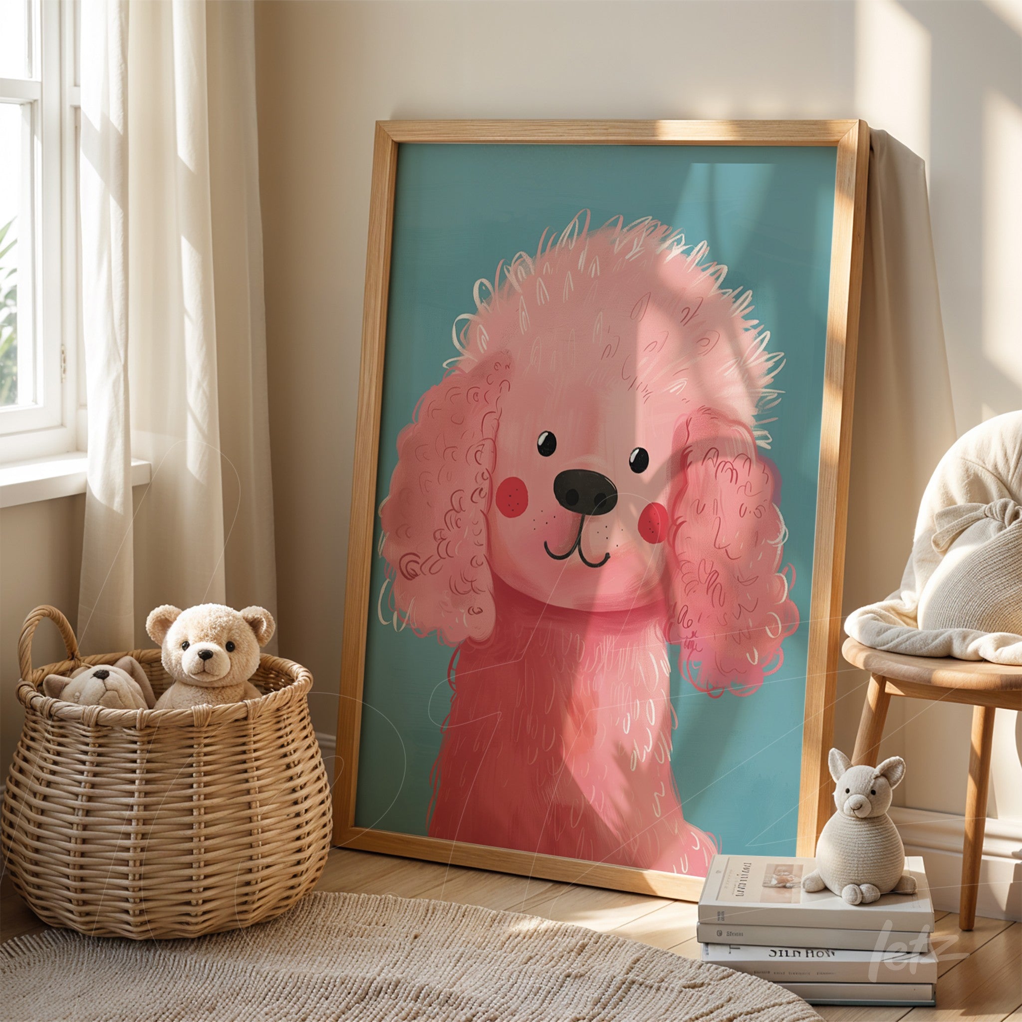 framed artwork of a pink poodle alongside a toy basket, displayed in a bright room
