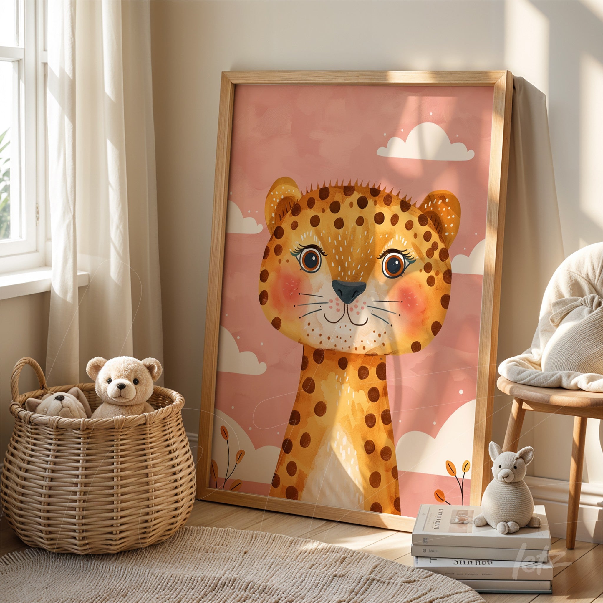 framed artwork featuring a cute leopard illustration on pink background with light wood frame leaning against shelf beside a wicker basket