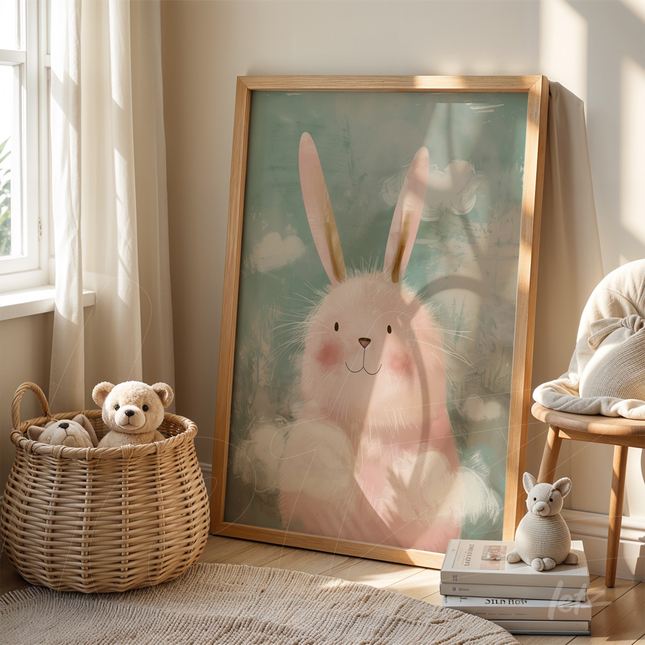 framed cute illustration of a bunny in light wooden frame displayed in a bright room with natural light