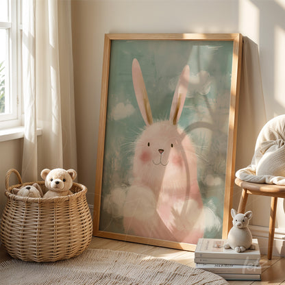 framed cute illustration of a bunny in light wooden frame displayed in a bright room with natural light