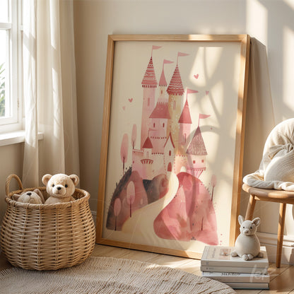 framed artwork of a charming pink castle illustration with light wooden frame displayed in a cozy setting next to a wicker basket
